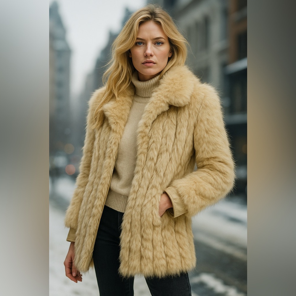 Vintage Diane Furs Real Fur Coat Ivory Beige Leather Panels Women’s Medium